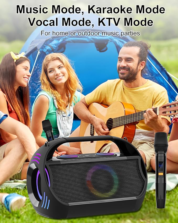 Rechargeable Karaoke Party Speaker(100W) with 2 Wireless Microphones for Adults and Kids,18000mAh,LED Light Show,HD Sound,Deep Bass,Support Recording/Bluetooth/AUX/USB/TF Play for Home,Tv,Beach,Travel