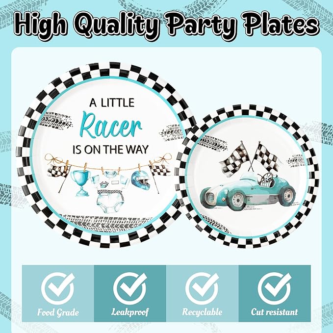 96Pcs Race Car Baby Shower Party Plates Supplies A Little Racer Is On The Way Racing Car Party Tableware Decorations Disposable Paper Plates Napkins Forks for Kids Birthday, Serves 24