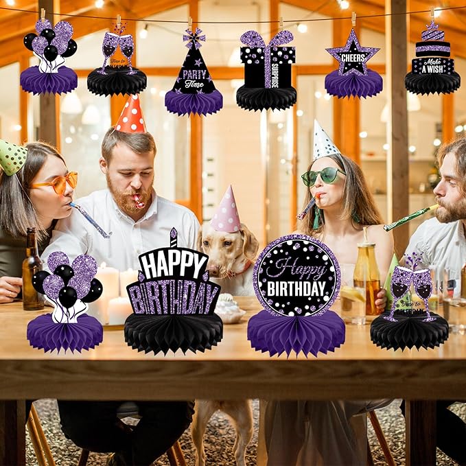 Pajean 8 Pieces Purple and Black Birthday Party Honeycomb Centerpieces Purple Black Table Centerpieces Decorations Table Centerpiece Sign for Kids Adults Party Supplies