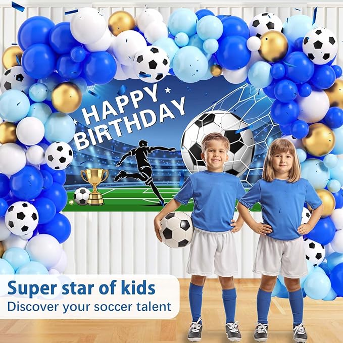 Soccer Birthday Party Decorations 116Ppcs 16Ft Blue Balloons Arch Kit Backdrop Cake Topper Tablecloth for Men Boys Soccer Theme Birthday Party Supplies