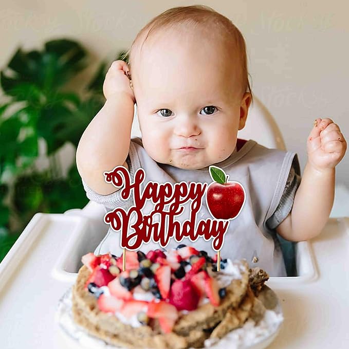 Apple Happy Birthday Cake Topper – Fresh Fruit Theme Cake Decoration for Birthday Celebration, Apple Inspired Dessert Topper for Party Cakes, Table Display Styling, Photo Setup, and Colorful
