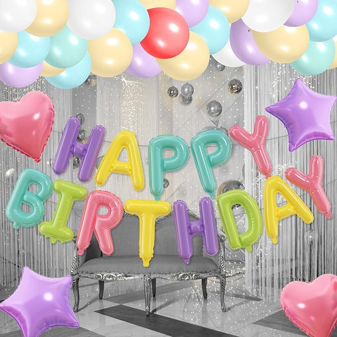 29PC Pastel Rainbow Happy Birthday Balloon Banner,16 Inch Foil Letters Letter Banner Sign, Macaron Colorful Latex Balloons 18 Inch Star Heart Foil Balloon for Women Girls Party Decor
