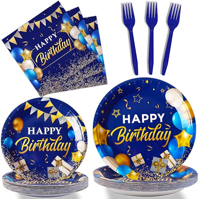 gisgfim 96 Pcs Blue and Gold Birthday Plates and Napkins Party Supplies Navy Blue Party Tableware Set Happy Birthday Decorations Favors for Men Women for 24 Guests