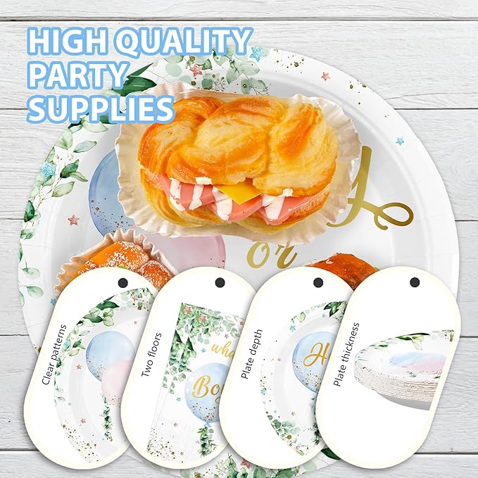 Grencian 96 Pcs Baby Gender Reveal Party Supplies Balloon Baby Shower Plates and Napkins Tableware Set He or She Gender Reveal Party Decorations for Boy or Girl Birthday Baby Shower Party Serves 24