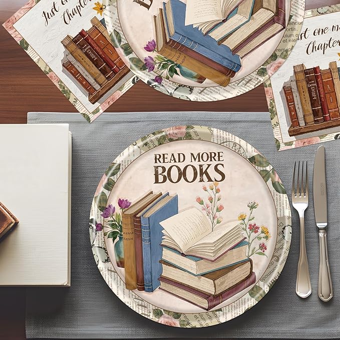 Rakuto Book Themed Party Decorations - 50 Pcs Read More Books Birthday Party Plates Napkins Decorations, Disposable Book Club Tableware Set for Library Reading Baby Shower Supplies Serves 25