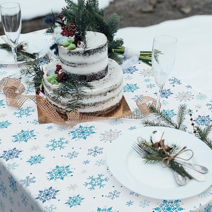 Kochorie 100 Ft x 54 Inch Christmas Snowflake Printed Tablecloth Roll with Cutter Box Disposable Blue and White Winter Snowflake Backdrop Cut to Size Table Cover for Frozen Birthday Party Supplies