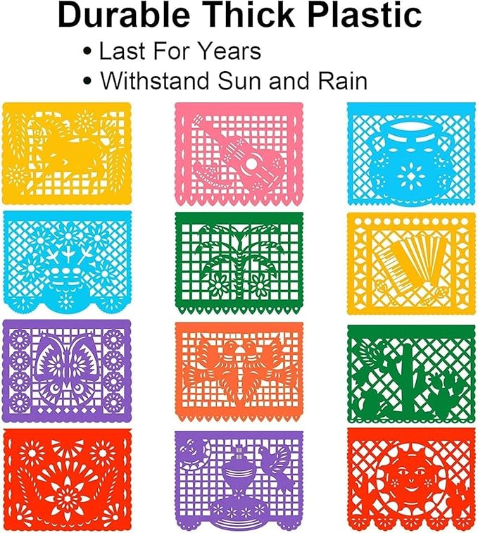 12 Packs Mexican Banners 264 Ft Papel Picado Banner, Large Plastic Mexican Fiesta Banners Cinco de Mayo Party Fiesta Decorations Mexican Themed Birthday Party Supplies 12 Patterns with String