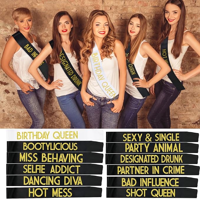 12 Pack Queen Sashes for Women - Birthday Squad Sash Set, Funny Gifts Sashes for Women's Birthday Party Supplies (Black + White + Gold Glitter Letters)