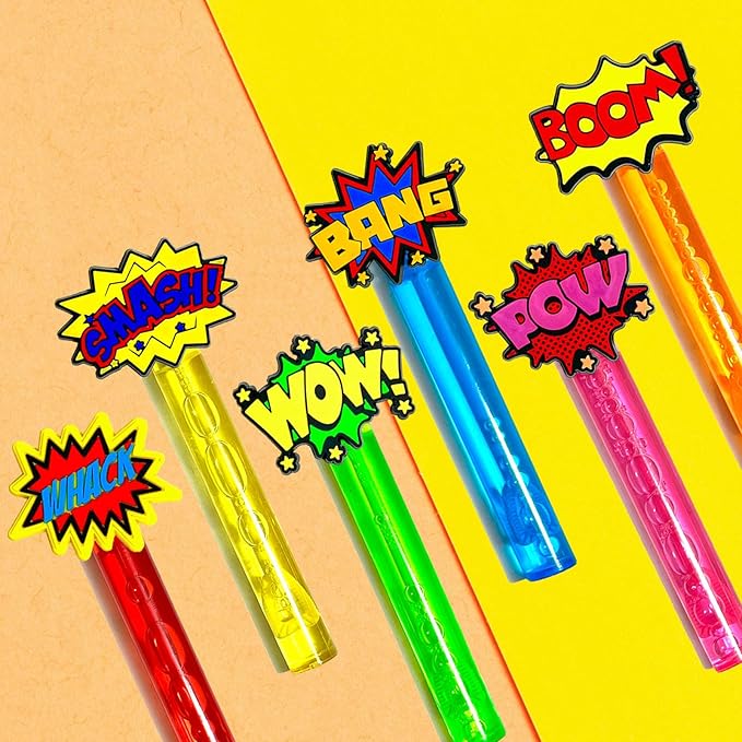 Superhero Party Favors,24Pcs Hero Word Bubble Wands for Kids,Cool Bubble Wand for Superhero Party Supplies,Classroom Prizes Pinata Goodie Bag Stuffers Gift