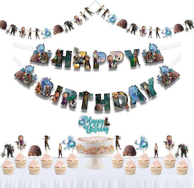 "Raya and the Last Dragn Theme Birthday Party Supplies – Fantasy Princess Party Decorations – Includes Happy Birthday Banner, Cake Topper, Cupcake Toppers, Garland, Table Decor, and More"