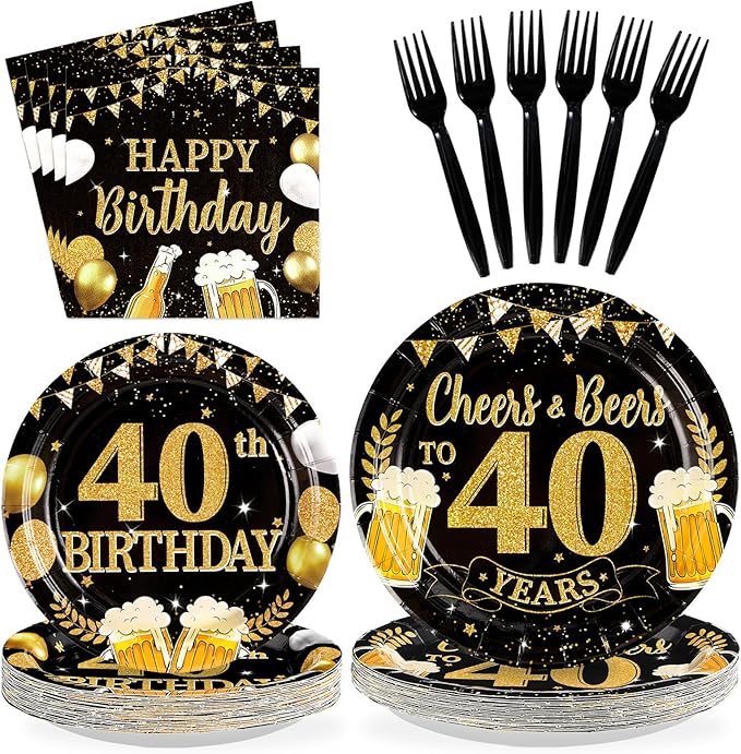96Pcs 40th Birthday Party Supplies Black Gold Plates and Napkins Tableware Sets Cheers and Beers to 40 Years Decorations Favors for Men Women 40 Years Old Birthday Dinner Holiday Party Serves 24
