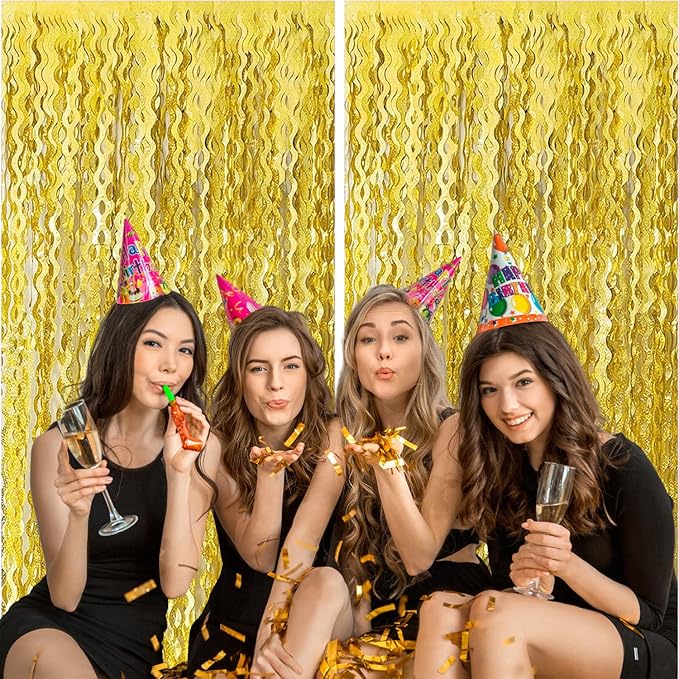 2 Pack Gold Wavy Foil Fringe Curtains, 3.3x6.6 Ft Metallic Tinsel Wavy Backdrop Party Decorations Door Gold Streamers for Birthday Wedding Engagement Decor,Party Supplies