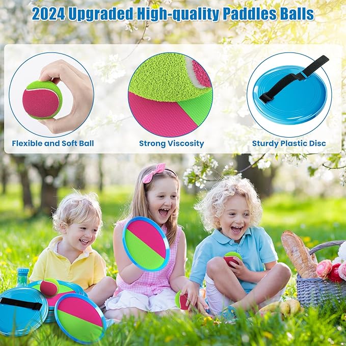 Toss and Catch Ball Set Game Kids Toys – 6 Paddles & 3 Balls, Easter Basket Stuffers Birthday Gifts for 3 4 5 6 7 8 Year Old Boy Girl, Outdoor Games for Beach Yard Pool Camping Lawn Family Party