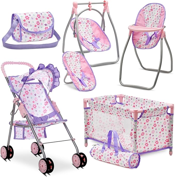 Baby Doll Stroller Bed and Swing Nursery Playset, Baby Doll Accessories Furniture Set Convertible High Chair Diaper Bag Role Play Deluxe Purple Doll Set