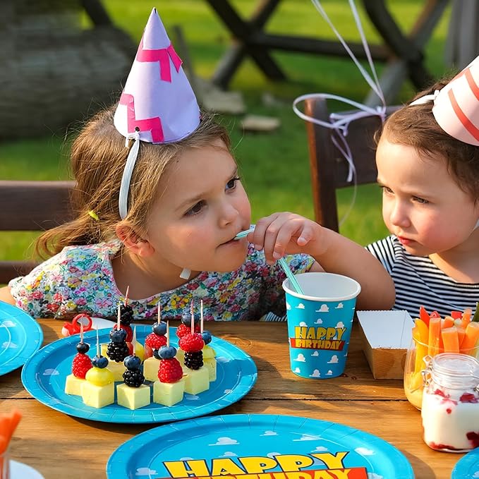 168pcs Cartoon Story Plates Napkins Birthday Party Decorations Disposable Paper Cups Blue Forks Tableware Set Blue Sky White Cloud Party Supplies for Boy kids Birthday Decor Serves 24