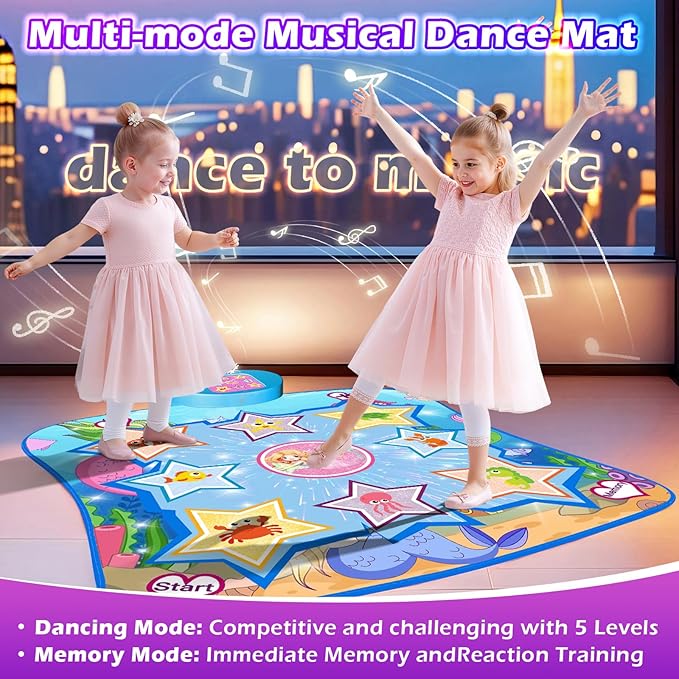 Dance Mat, Ocean-Themed Dance Game Toy Pad with LED Lights, Gift for Kids Girls 3-12, Adjustable Volume, Built-in Music, 5 Challenge Levels, Non-Slip & Foldable Rhythm Step Play Mat