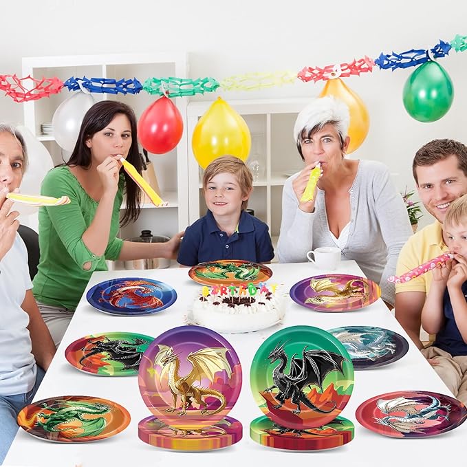 60pcs Dragon Birthday Party Paper Plates for Dragons Knight Party Decorations 7in Fantasy Dinosaur Disposable Dessert Plates for Baby Shower Boys Birthday Dragon Themed Parties Supplies