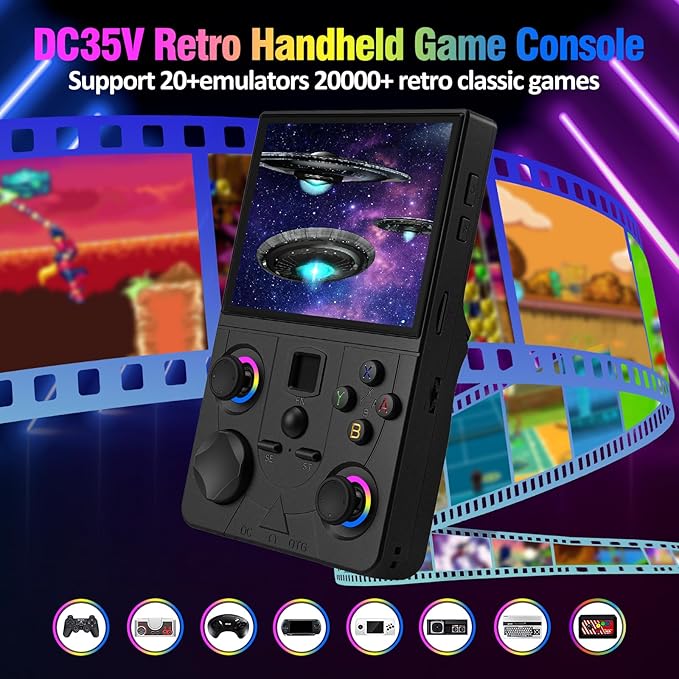 Retro Handheld Game Console, DC35V Retro Gaming Console 3.5’’IPS Screen Open Source Linux System Built-in 20000+Classic Games, 20+Emulators, Portable Video Gaming Console with 4000mAh Battery (Black)