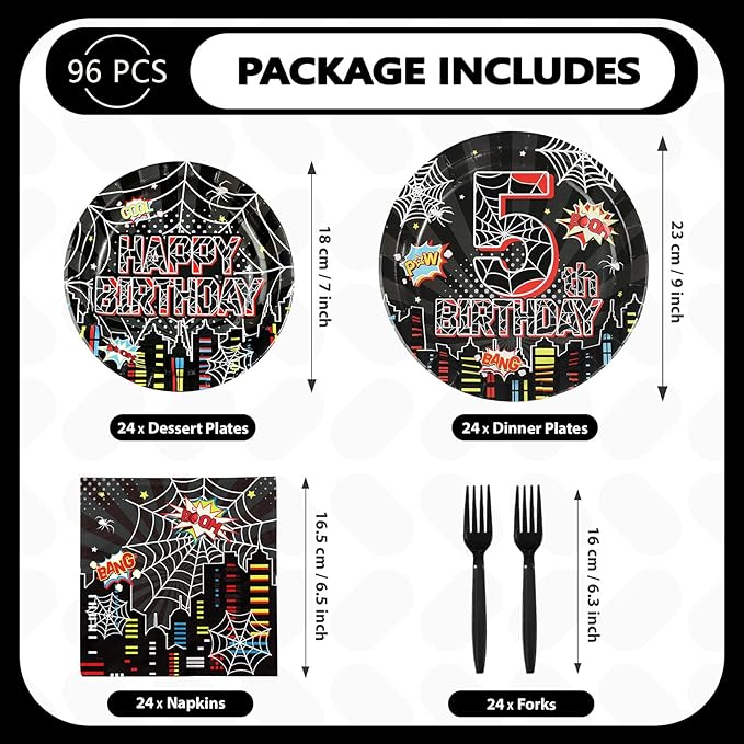 96Pcs Spider 5th Birthday Decorations for Boys Super Theme Hero 5th Birthday Plates and Napkins Black Red Spider Five Years Old Decoration Favors for Kids 5 Year Old Party Supplies Serves 24