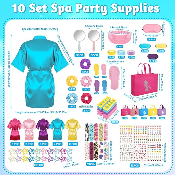 122 Pcs Multicolor Girls Spa Party Kit, 10-Pack Slumber Party Favors with Satin Robes, Tote Bags, and Nail Salon Accessories for Kids Spa Birthday, Halloween, Home Party Supplies