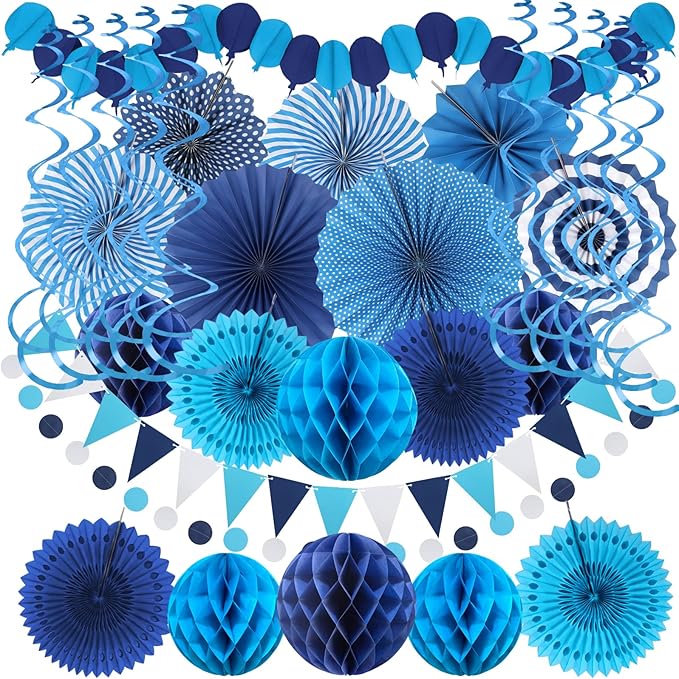 Blue Party Decorations, Easy Assembly Paper Fan Honeycomb Ball Garland Hanging Swirl Navy Blue Party Supplies for Boy Men Graduation Birthday Bridal Shower Baby Shower Party Decorations