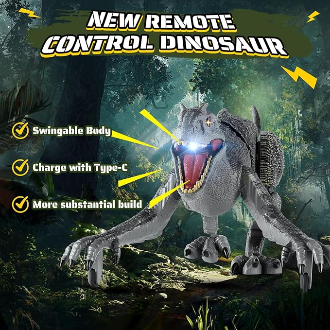 Dinosaur Toys for Kids, 2.4GHz Remote Control Dinosaur with Walking, Swingable Body, Realistic Sounds, Demo Mode, Rechargeable Jurassic Toys for 3-5, 5-7, 8-12, Birthdays, Parties, Christmas Day