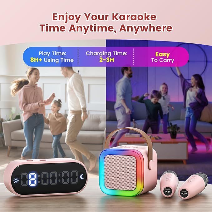 Mini Karaoke Machine for Kids,Portable Bluetooth Speaker with 2 Wireless Microphones,Toddler Music Player Toys,Easter Birthday Gifts for 3,4,5,6,7,8,9,10,11,12+Years Old Girls Boys (Pink)