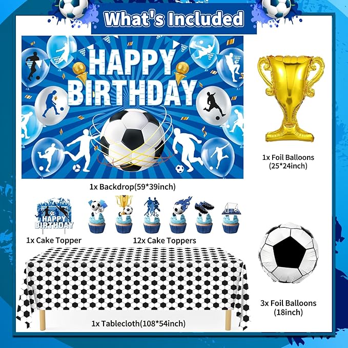 Soccer Birthday Party Decorations, 97Pcs Soccer Party Decorations with Balloons Happy Birthday Backdrop Soccer Tablecloth and Cake Toppers for Soccer Party Supplies
