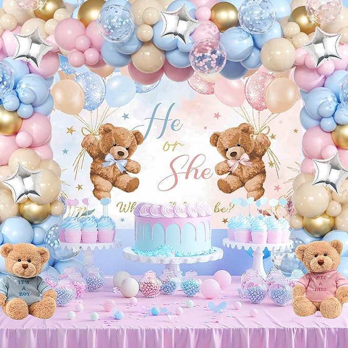Bear Gender Reveal Balloon Boxes Decorations - 158pcs Pink Blue Balloon Garland Kit, 4pcs Baby Box With Letters, Backdrop for Baby Shower, Boy or Girl Party Supplies
