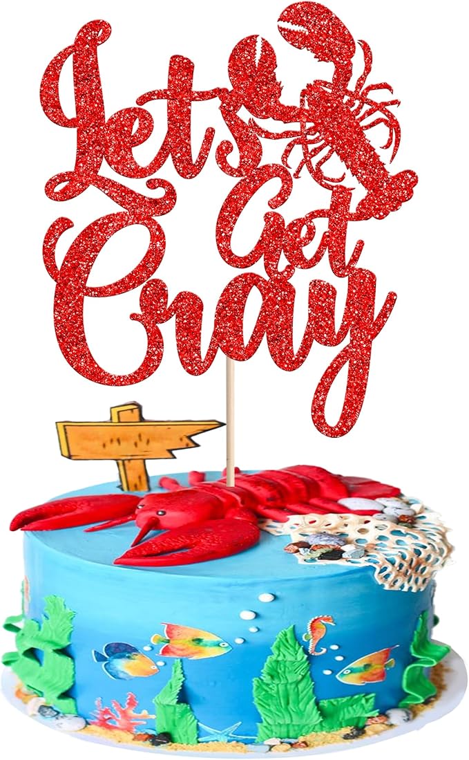 1 PCS Crawfish Cake Topper Red Glitter Let's Get Cray Cake Pick Crawfish Party Cake Decoration for Lobster Theme Carnival Baby Shower Birthday Single Divorce Party Cake Decorations Supplies