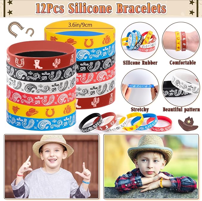 Western Cowboy Party Favors Rodeo Birthday Supplies for Kids Miniature Horse Toys Straw Silicone Bracelet Keychain Sticker Filler Goodie Bag Stuffers, Cowboy Western Party Favors Supplies