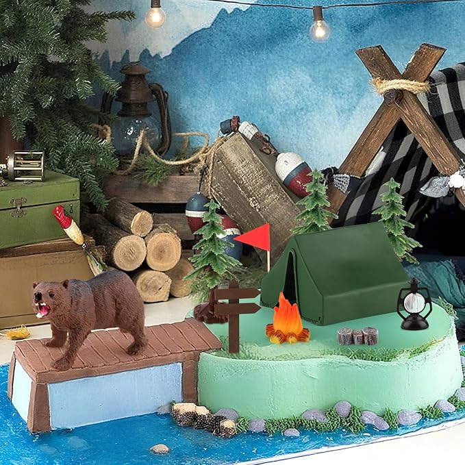 Hooqict Camping Cake Decorations with Mini Tent, Campfire, Tree, Camp Sign, Animal Camping Cake Toppers & Cupcake Toppers for Forest Camp Themed Birthday Party Decorations Supplies