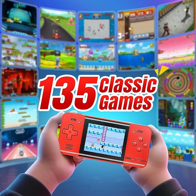 32-Bit Handheld Game Console for Kids & Adults with 135 Preloaded Retro Video Games, 3.0" Color Display, Rechargeable Battery - Portable Mini Travel Toy Gift for Boys and Girls (Red)