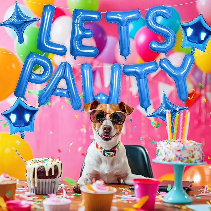Lets Pawty Balloons Banner 16 Inch,Blue Birthday Decorations with 4pcs 10 Inch Star Balloons,Paw Foil Letter Balloon for Dogs Paw Pet Puppy Theme Party Supplies