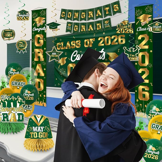 Graduation Decorations Class of 2026 Green and Gold Graduation Party Decor Set include Congrats Grad Banner Backdrop Class of 2026 Balloons Party Supplies