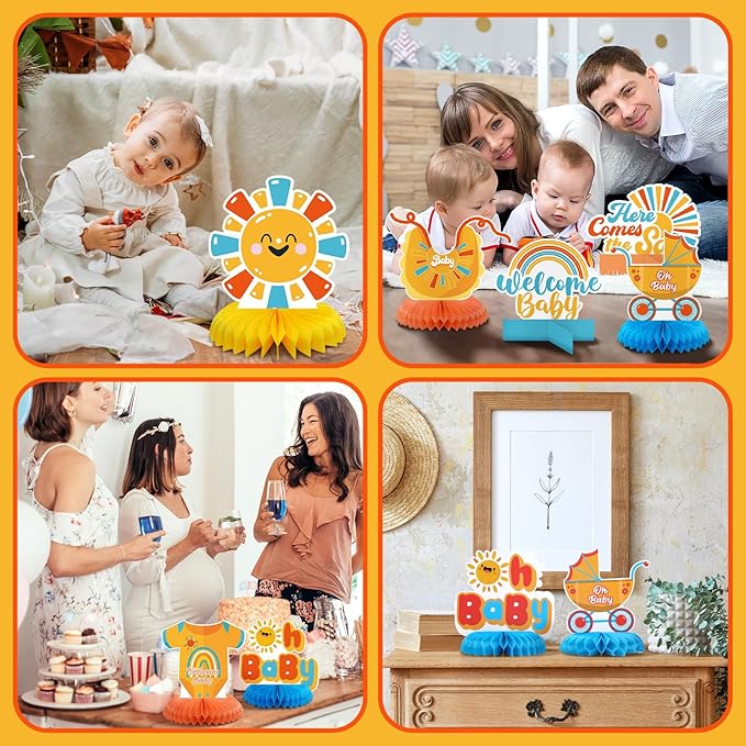 12 Pcs Here Comes The Son Baby Shower Decorations Honeycomb Centerpieces Welcome Here Comes The Son Table Decoration Sunshine Rainbow Bottle Stroller Table Topper for Baby Shower Party Favor