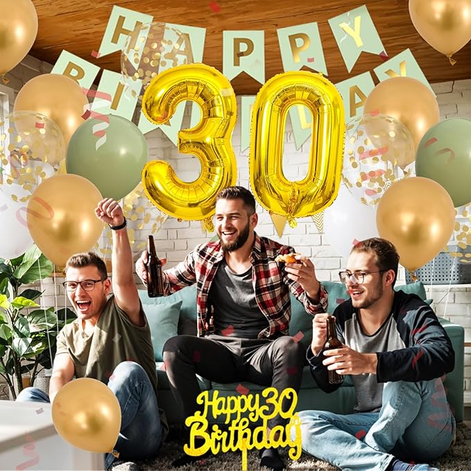 30th Birthday Decorations for Men Women, sage green Happy Birthday Party Decorations With gold Number 30 Balloons Gold Confetti Balloons Fringe Curtain Cake Topper For 30th Party Supplies