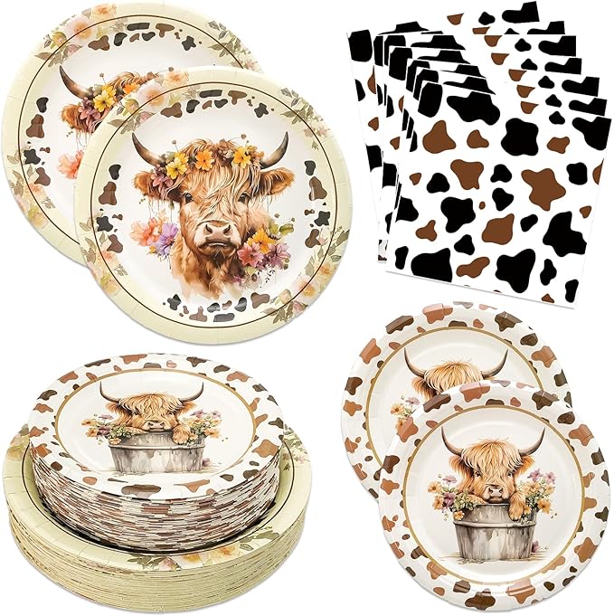 180PCS Highland Cow Party Supplies Serve 60, Brown Cow Paper Plates and Napkins Kit for Highland Cattle Farm Animals Birthday Party Decorations, Includes Dinner Plates, Dessert Plates, Napkins