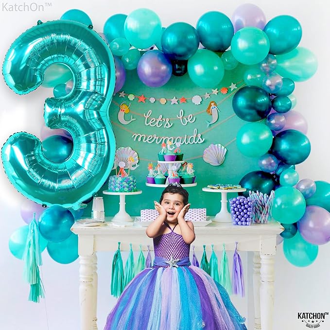 KatchOn, Teal Number 3 Balloon - Large, 40 Inch | Teal Blue 3 Balloon Number, Mermaid 3rd Birthday Decorations | Mermaid Birthday Decorations, Under The Sea Party Decorations