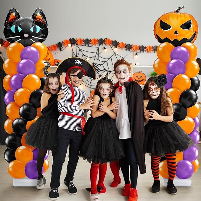 Kasyat 2 Set Halloween Balloon Column Stand Kit with Cat Head Scary Pumpkin Foil Balloon Orange Black Purple Arch Garland Kit for Spooky Birthday Party Halloween Theme Decoration