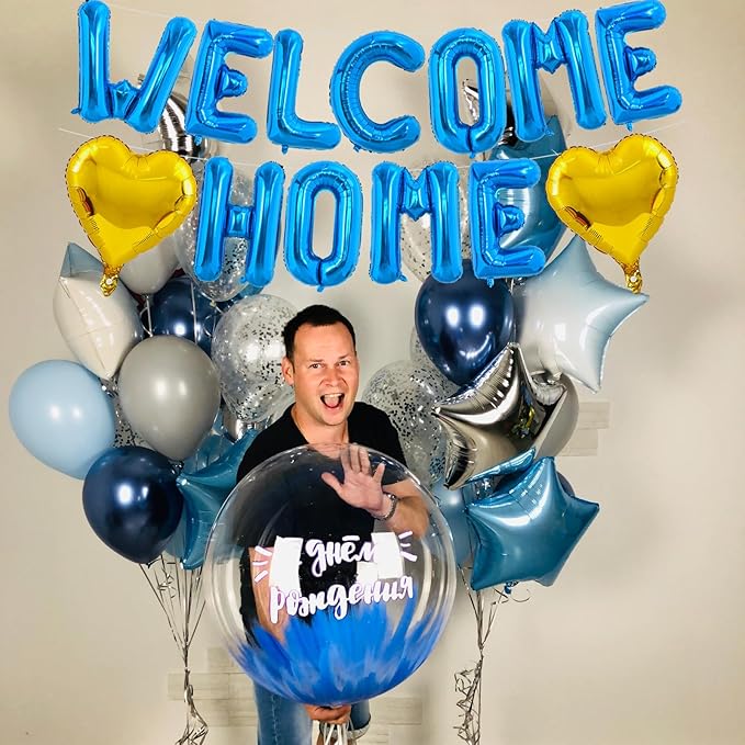 TONIFUL Welcome Home Balloons,16 Inch Blue Welcome Home Foil Balloons Banner Welcome Home Party Decorations for Homecoming Party Decorations House Warming Party Family Gathering Supplies