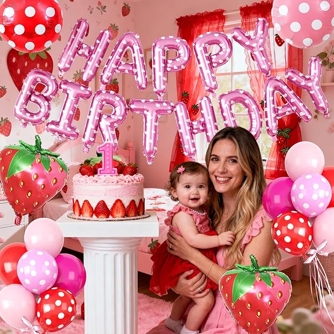 29PC Strawberry Happy Birthday Balloon Banner, 16Inch 3D Aluminum Letter Banner Sign, Red Hot Pastel Pink Printed Balloons 18 Inch Round Dot Foil Balloon for Fruit Strawberry Party Decoration