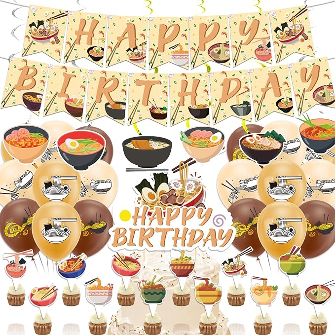 Ramen Party Decorations Japanese Noodles Birthday Decorations Includes Happy Birthday Banner Cupcake Toppers Cake Topper Spirals Balloons for Ramen Noodles Party Supplies