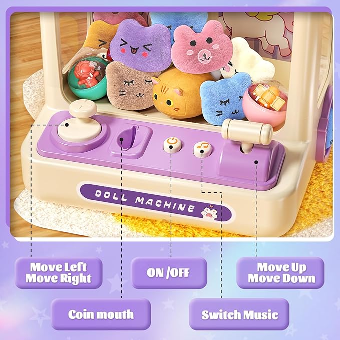 55 PCS Claw Machine for Kids, Vending Machine with Lights Sound, Electronic Prize Dispenser for Kids Girls, Claw Toys Game Gifts for 4 5 6 7 8 Years Old Girls Boys