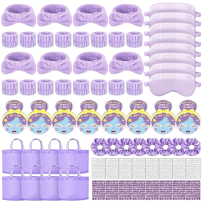 72 Pcs Spa Sleepover Party Supplies for Girls With DIY Stickers And Greeting Card Purple Headband Wristbands Eye Mask Hair Scrunchie Tote Bag Sleeping Slumber Party Favors