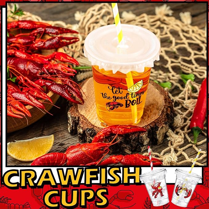 Domensi 50 Sets Plastic Crawfish Boil Cups with Straws 12 oz Disposable Plastic Cups Bulk Crawfish Boil Party Supplies Seafood Party Favors Lobster Feast Birthday Table Decorations