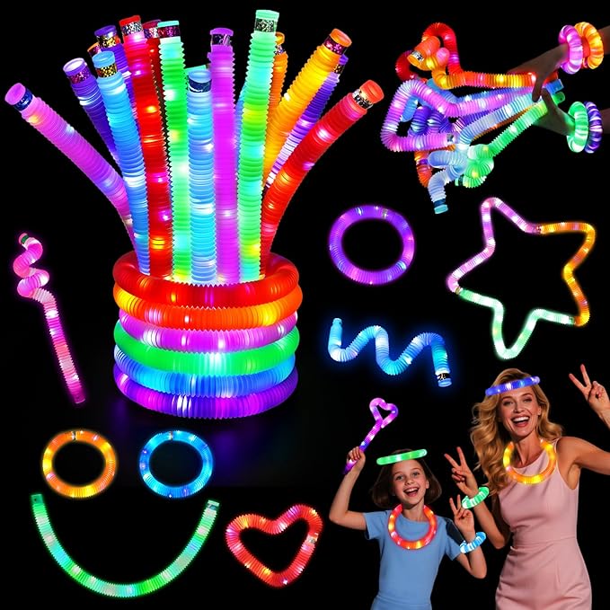 LovesTown 24PCS Light Up Glow Sticks Pop Tubes for Easter Basket Stuffers, Glow in the Dark Party Favor Supplies for Kids Supplies, Light Up Necklace Bracelet Accessories for Boys Girls Birthday