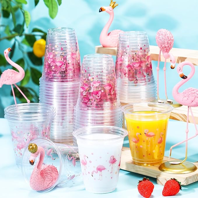 Uiifan 50 Pcs Flamingo Plastic Cups Bulk Summer Tropical Party Favor 12 oz Disposable Pink Flamingo Cups Hawaiian Luau Birthday Party Supplies for Hot Cold Drinking Beverage Bridal Shower Wedding