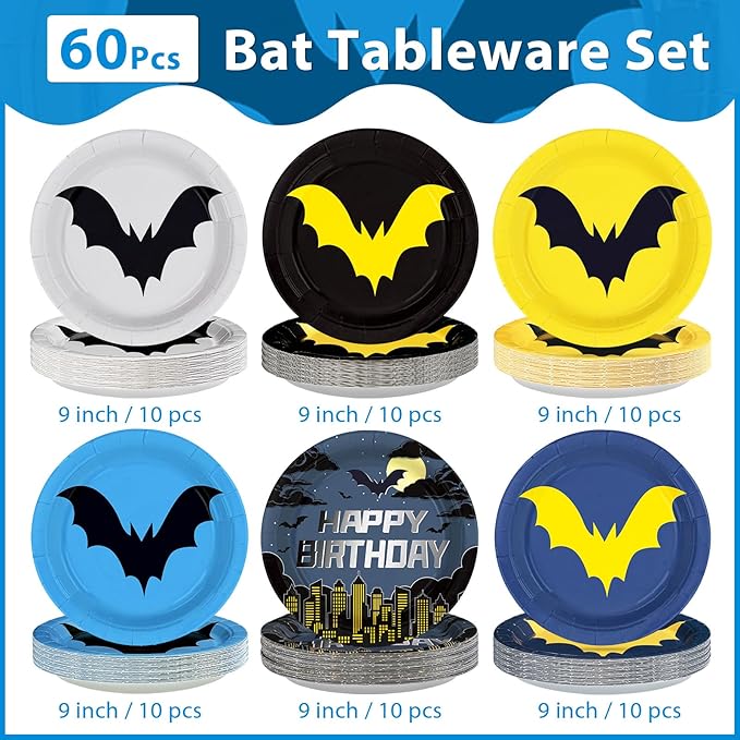 60Pcs Bat Theme Hero Party Paper Plates 9" Disposable Heavy Duty Cartoon Bat Birthday Dessert Plates Black Yellow Super Theme City Party Decorations for Boys Kids Baby Shower Holiday Party Supplies