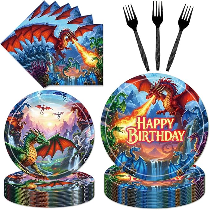 96Pcs Dragon Birthday Decorations Tableware Set - Dragon Happy Birthday Paper Plates Napkins Forks Magical Dragon Theme Party Supplies Serve 24 Guests